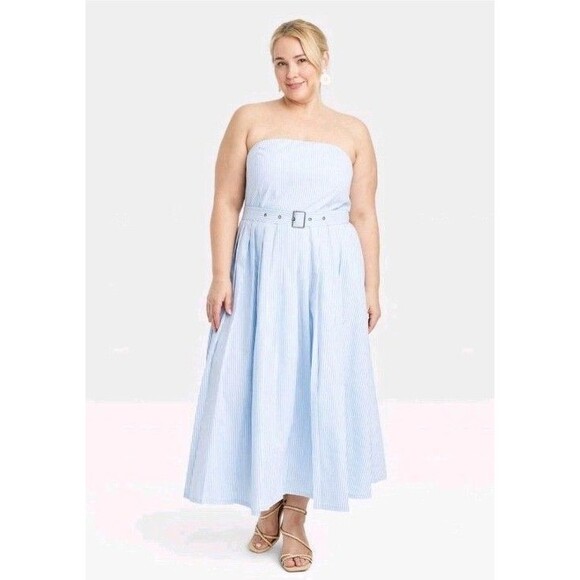 Women's Belted Midi Bandeau Dress - A New Day Blue White Striped 16 NWT - Picture 1 of 9